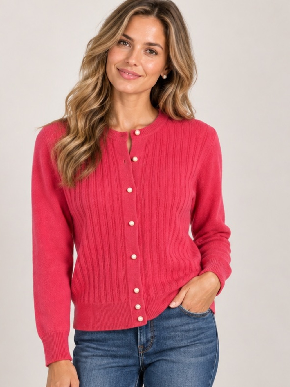 LaRedoute sz M vintage pink lambswool/angora cardigan sweater w/pearl buttons